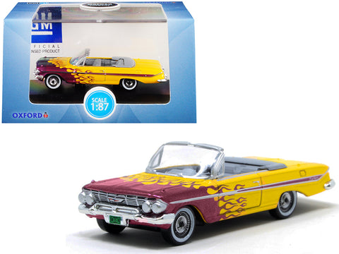 1961 Chevrolet Impala Convertible Yellow with Purple Flames \"Hot Rod\" 1/87 (HO) Scale Diecast Model Car by Oxford Diecast