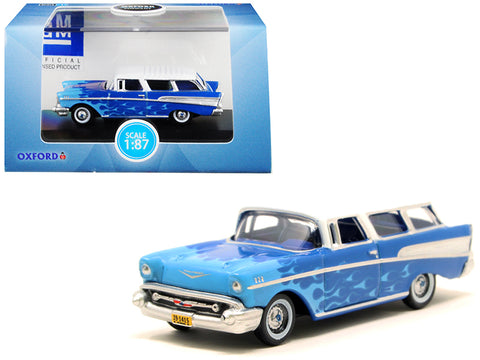 1957 Chevrolet Nomad Blue with Light Blue Flames and White Top \"Hot Rod\" 1/87 (HO) Scale Diecast Model Car by Oxford Diecast