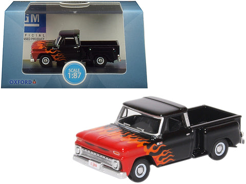 1965 Chevrolet C10 Stepside Pickup Truck Black with Flames \"Hot Rod\" 1/87 (HO) Scale Diecast Model Car by Oxford Diecast