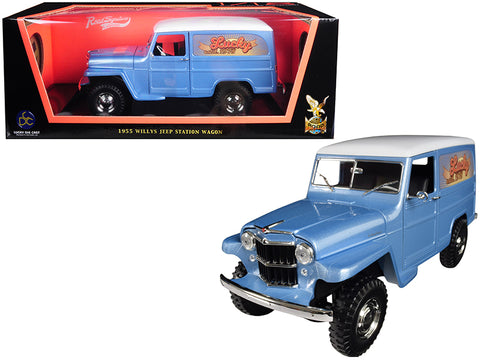 1955 Willys Jeep Station Wagon Silver Blue with White Top \"Lucky\" 1/18 Diecast Model Car by Road Signature