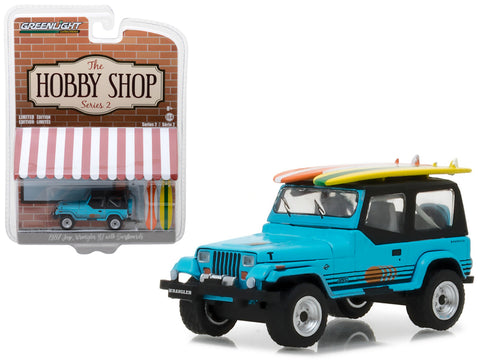 1987 Jeep Wrangler YJ Blue with Surf Board \"The Hobby Shop\" Series 2 1/64 Diecast Model Car by Greenlight