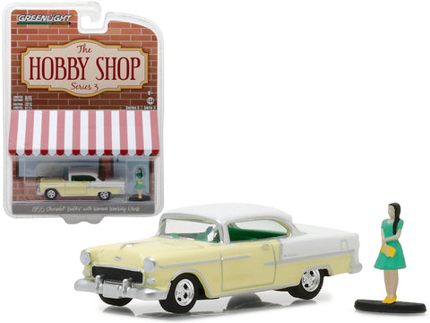 1955 Chevrolet Bel Air Yellow with Woman in Dress \"The Hobby Shop\" Series 3 1/64 Diecast Model Car by Greenlight