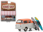 Volkswagen Type 2 Crew Cab Pickup “Doka” Orange and White with Surfboards \"The Hobby Shop\" Series 3 1/64 Diecast Model Car by Greenlight