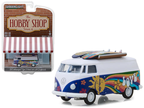 1971 Volkswagen Type 2 Panel Van with Surfboards \"The Hobby Shop\" Series 4 1/64 Diecast Model Car by Greenlight
