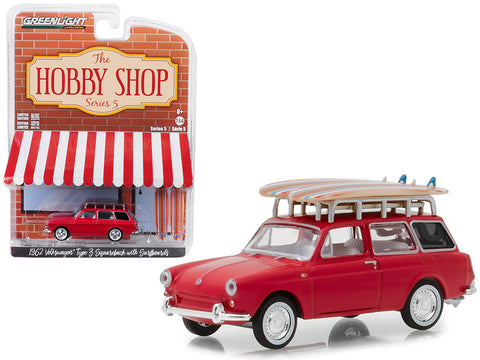 1962 Volkswagen Type 3 Squareback with Roof Rack and Surfboards Red \"The Hobby Shop\" Series 5 1/64 Diecast Model Car by Greenlight