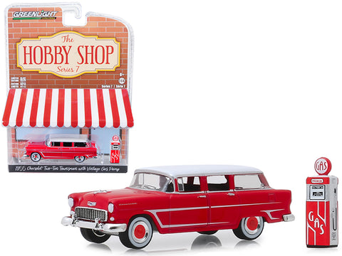 1955 Chevrolet Two-Ten Townsman Red with Vintage Gas Pump \"The Hobby Shop\" Series 7 1/64 Diecast Model Car by Greenlight