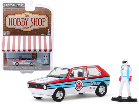 1975 Volkswagen Rabbit White with Stripes and Race Car Driver Figurine \"The Hobby Shop\" Series 8 1/64 Diecast Model Car by Greenlight