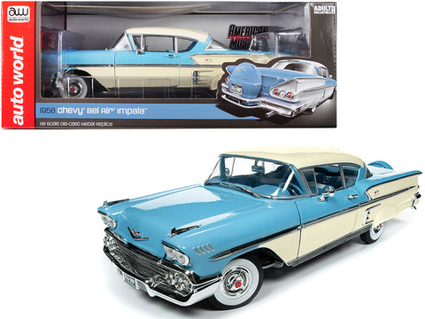 1958 Chevrolet Bel Air Impala Cashmere Blue and Cream 1/18 Diecast Model Car by Autoworld