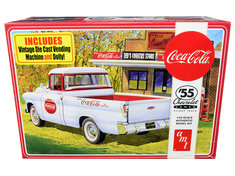 Skill 3 Model Kit 1955 Chevrolet Cameo Pickup Truck \"Coca-Cola\" with Vintage Vending Machine and Dolly 1/25 Scale Model by AMT