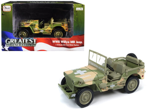 1941 Willys MB Jeep WWII Army \"Medic\" (15th Evacuation Hospital) Camouflage 1/18 Diecast Model Car by Autoworld