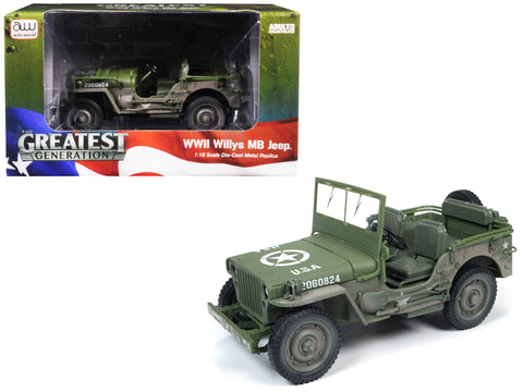 1941 Willys MB Jeep WWII \"U.S.A.\" Olive Green Drab Mud Covered/Dirty 1/18 Diecast Model Car by Autoworld
