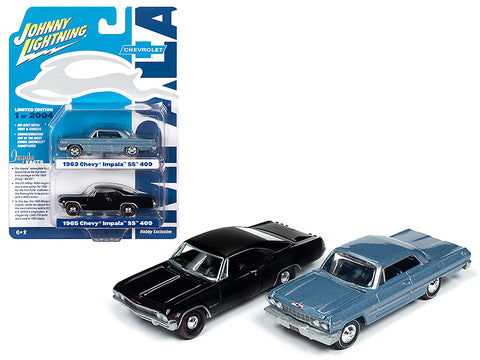 1963 Chevrolet Impala SS Hardtop Silver Blue Metallic and 1965 Chevrolet Impala SS Hardtop Black 2 piece Set Limited Edition to 2,004 pieces Worldwide 1/64 Diecast Model Cars by Johnny Lightn