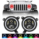 LED RGB Headlight Bluetooth Control Halo DRL Lamp With 9'' LED Headlight Bracket Ring For 2018-2020 Jeep Wrangler JL And Jeep Gladiator JT