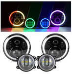 7inch RGB LED Headlights + 4inch LED Fog Light RGB Halos For Jeep Wrangler
