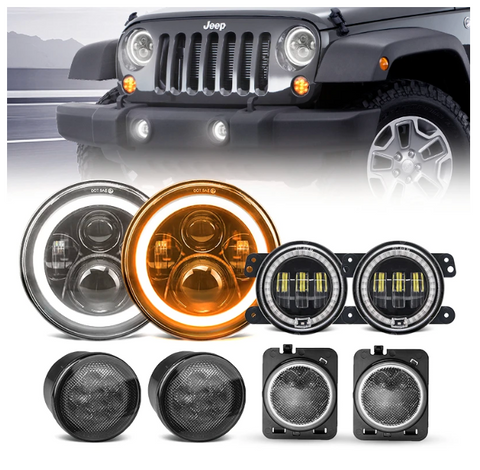 7" 80W Headlights, 4" Halo Fog Lights, Front & Fender Turn Signals