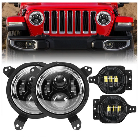 Brightest 120W Cree LED Angel Eyes Headlight & 9 Inch Headlight Bracket Ring & 4 Inch 30W LED Fog Lights For A 2018-2020 Jeep Wrangler JL Sport & Jeep Gladiator JT Sport/Sport S