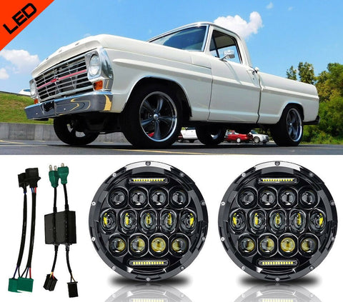 DOT 7" 150W LED Black Headlamps +9007-H4 Adapter For 69-79 Ford F100 Headlights