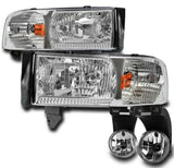 For 1994-2001 DODGE RAM PICKUP TRUCK CHROME CRYSTAL HEADLIGHTS W/BUMPER FOG LAMP SET