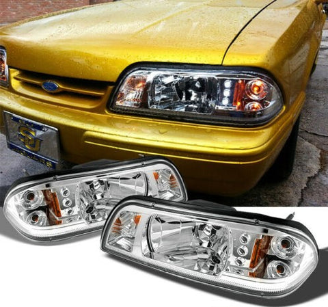 For 1987-1993 Ford Mustang 1-Piece Chrome Housing Headlights W/Amber Reflector