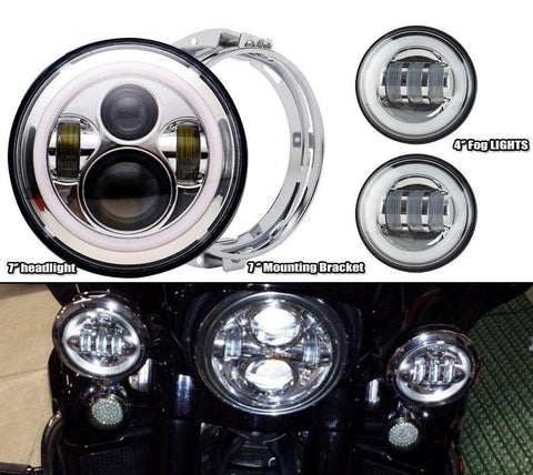 7" Halo LED Chrome Headlight + 4.5" Halo Fog Lights + Bracket Ring for Harley