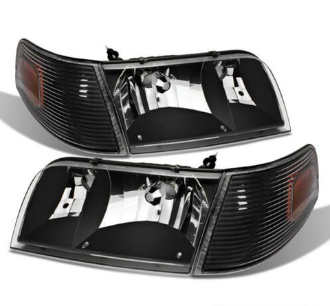 Black For 1998-2011 Ford Crown Victoria Headlights+Corner Turn Signal Lamps Left+Right