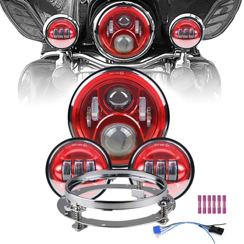7" RED SET LED Headlight for Harley with 4.5" LED Fog Lights + Bracket Mounting Ring + Wiring Harness