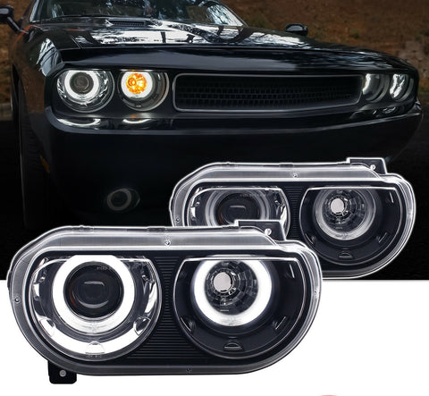 2008-2014 Black [Dual LED Halo] Projector Headlights Pair For Dodge Challenger