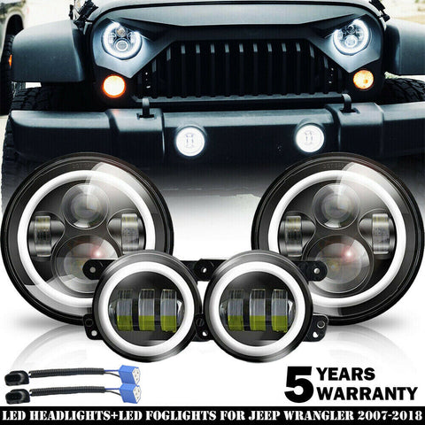 2007-2017 For Jeep Wrangler JK Halo LED Headlights + Halo LED Fog Lights Combo Kit