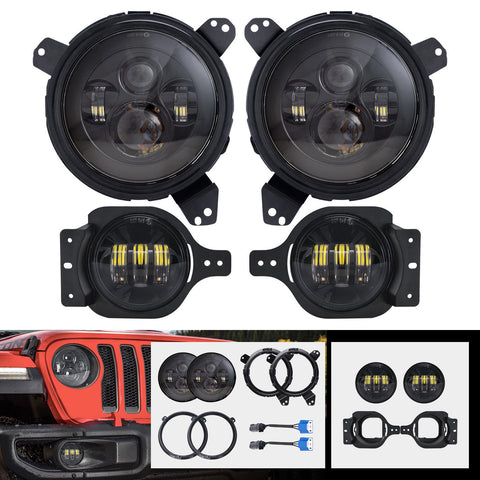 7'' Black LED Headlights & 4'' Fog Lights & Brackets for 2018-2019 Jeep Wrangler JL